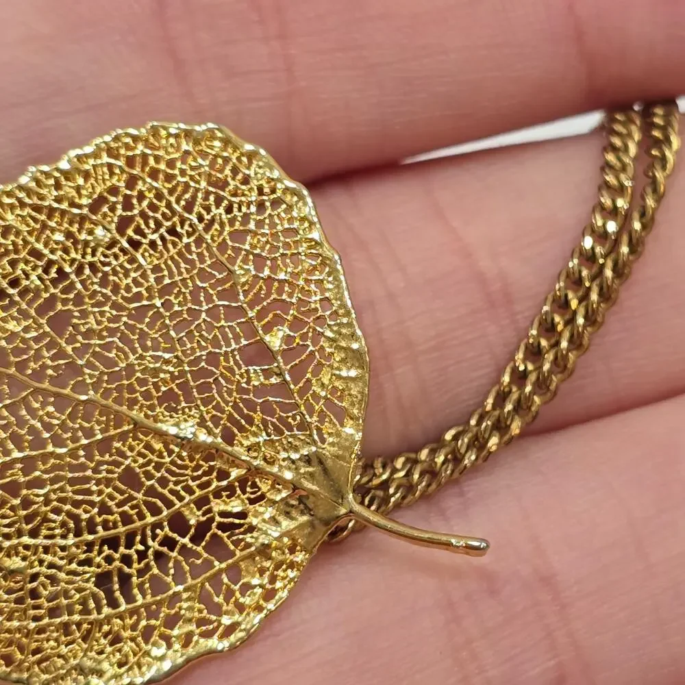 Vintage Gold Dipped Leaf Filigree Pendant With Caco 12K GF Chain Necklace - Picture 12 of 16